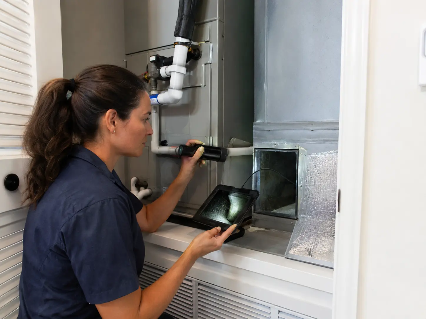 Female technician inspecting the return duct connection beside an indoor air handler