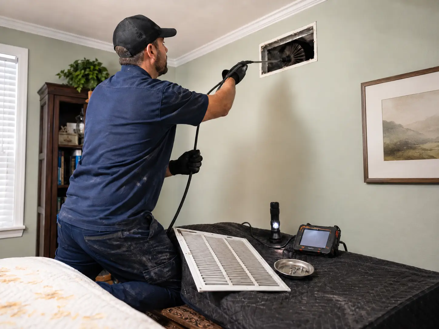 Technician cleaning an HVAC supply duct through a removed wall register
