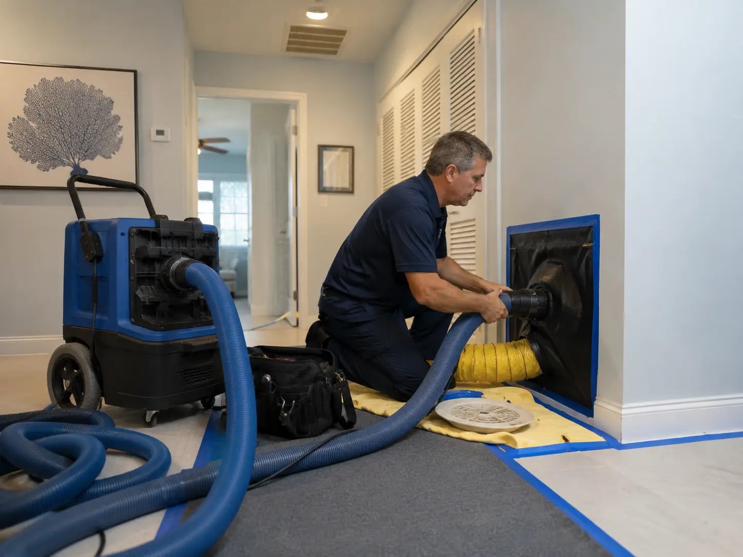 Professional air duct cleaning equipment connected to a protected duct access point