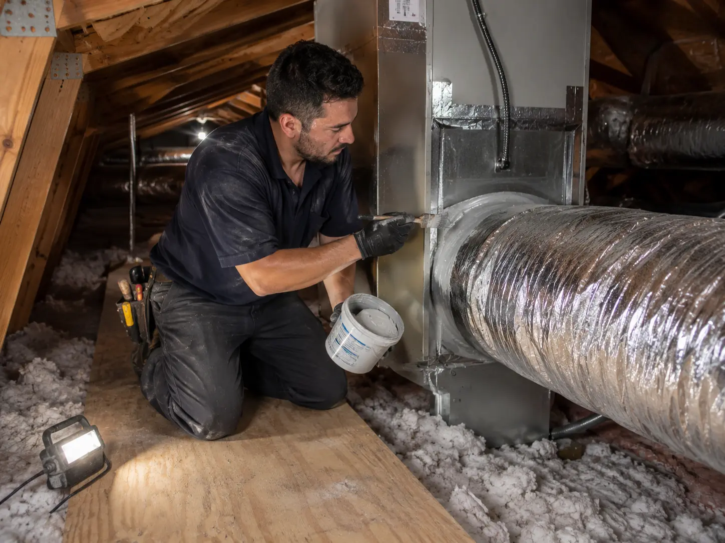 Technician reviewing and sealing an accessible duct connection in an attic