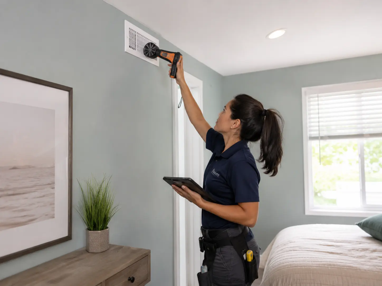 Technician measuring airflow at a supply register in a Florida bedroom