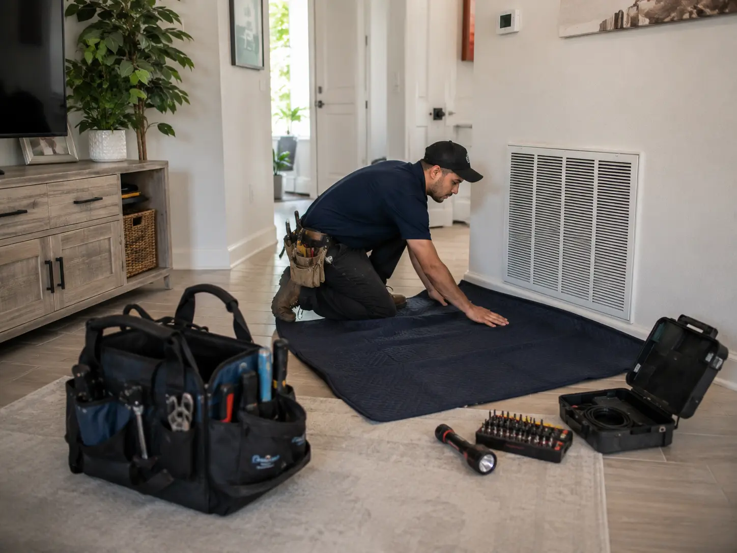 Air duct technician preparing floor protection and tools before service