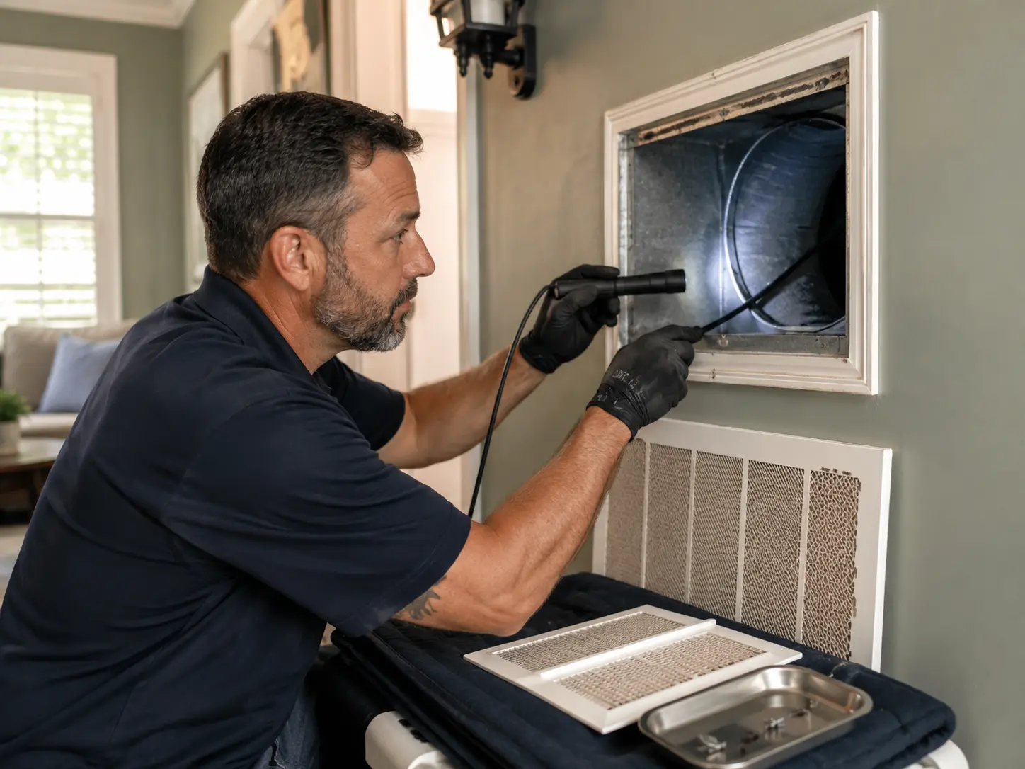 Technician inspecting the inside of an air duct with a camera and flashlight