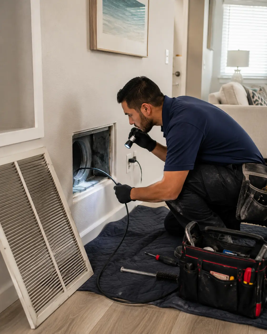 Technician inspecting an open return air duct in a Florida home