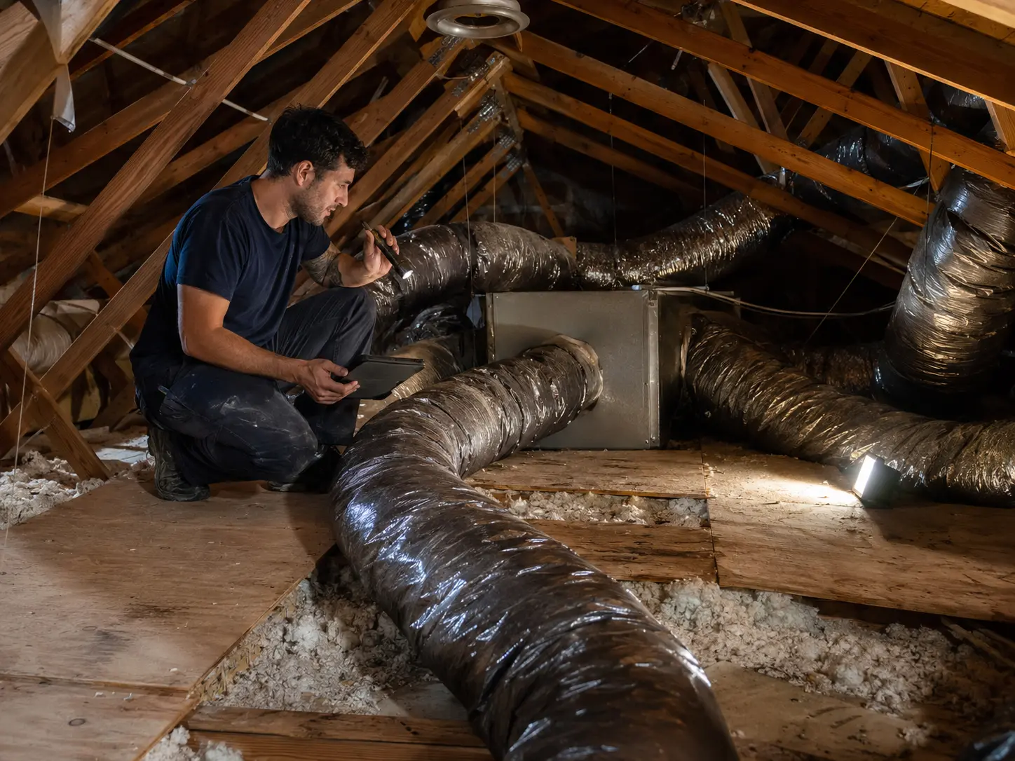 Technician reviewing attic duct layout and accessible connections in a Florida home