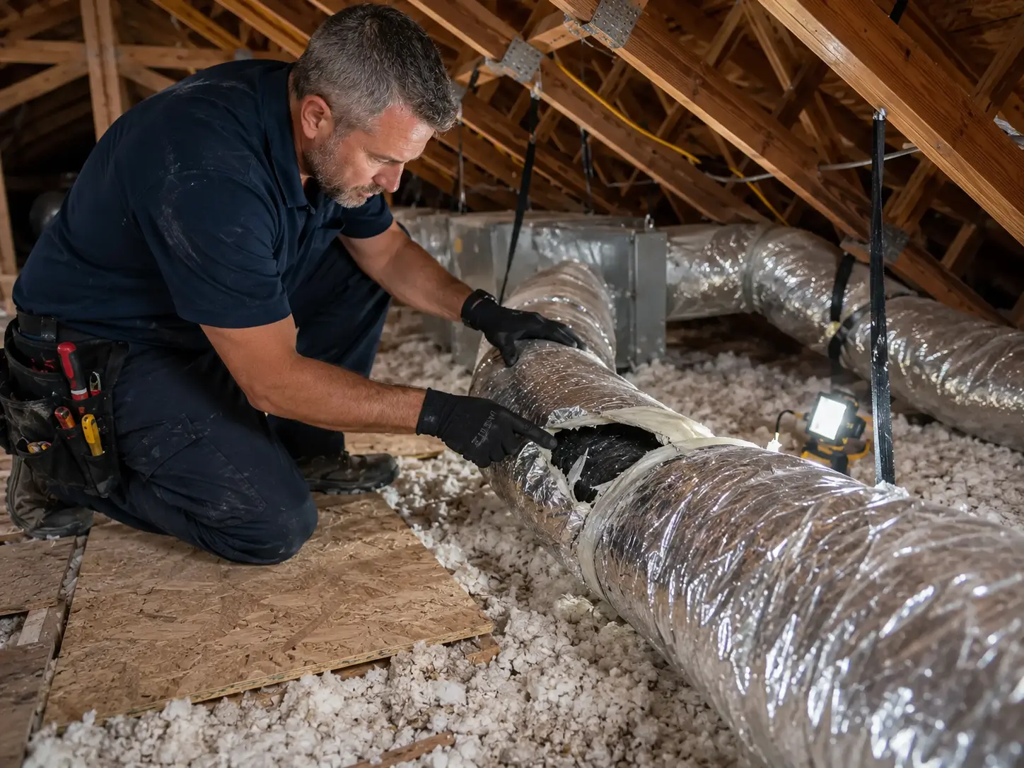 Technician inspecting a damaged flexible air duct section in a Florida attic