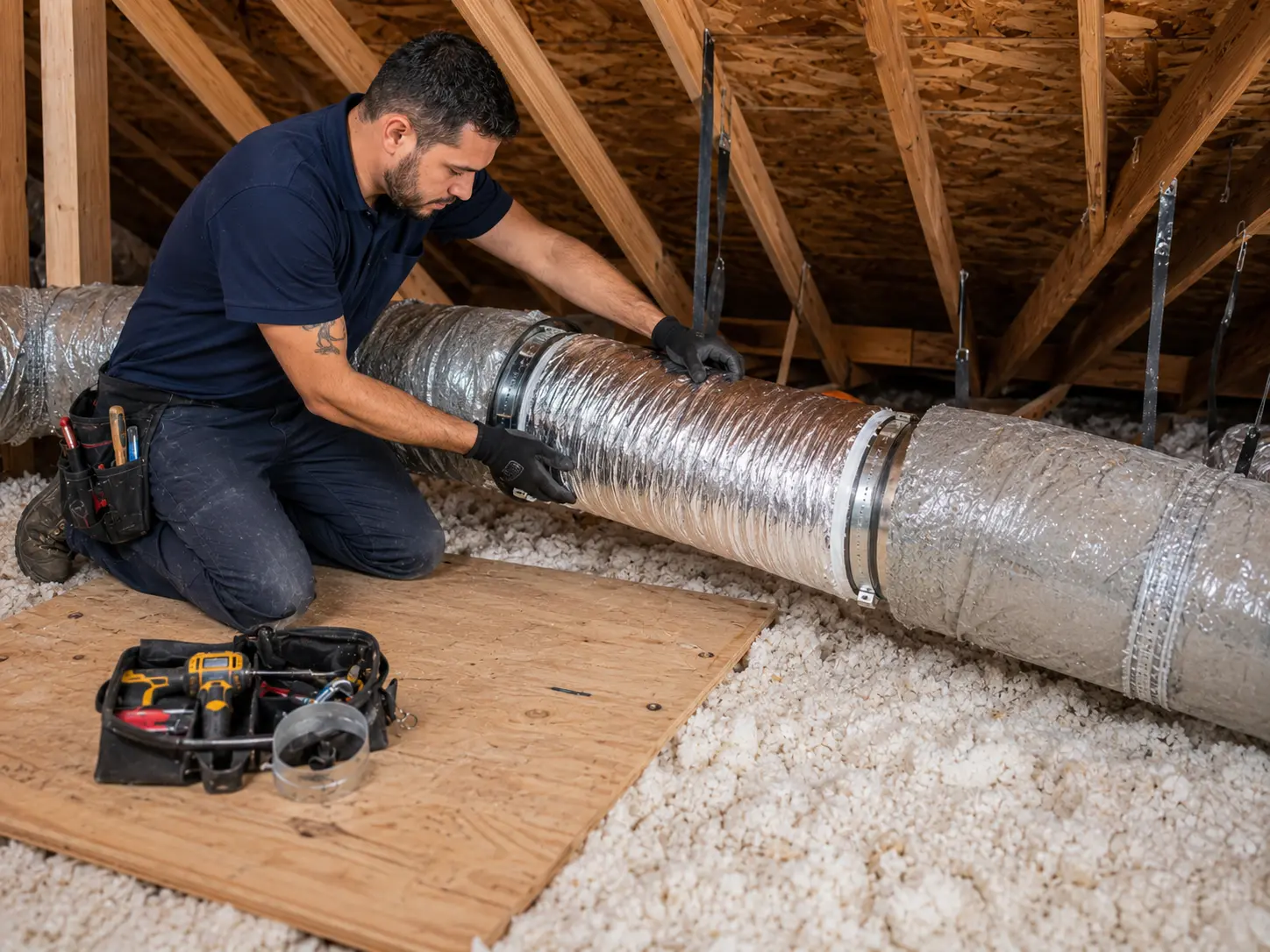 Technician replacing one damaged attic duct section while leaving the rest of the ductwork in place