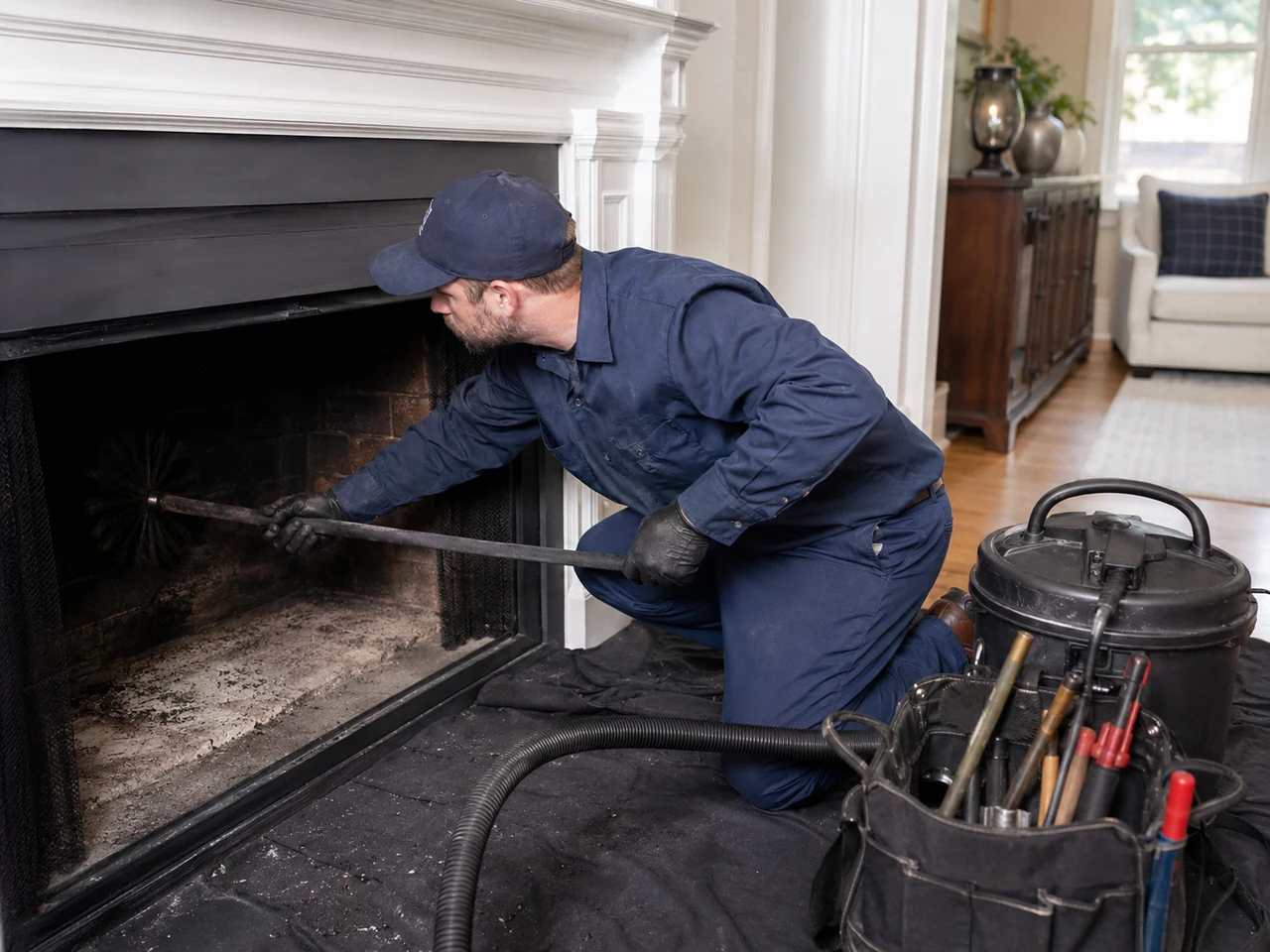 Professional completing an indoor chimney sweep in a Florida home