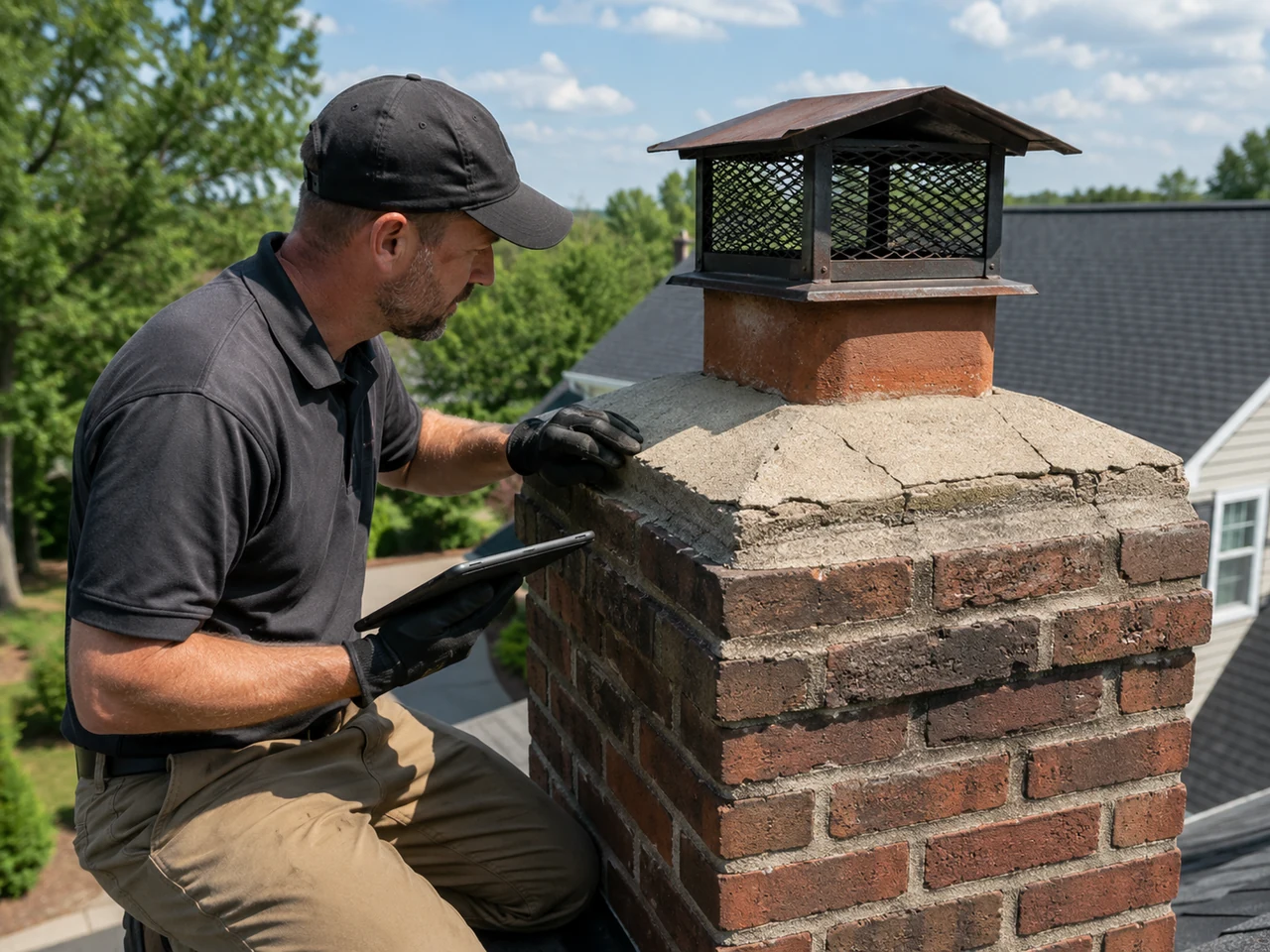 Professional checking the chimney crown and cap condition during a Florida service visit