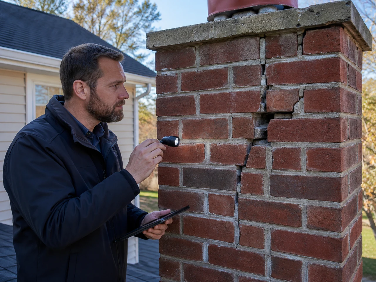 Professional reviewing a chimney masonry repair concern in a Florida home