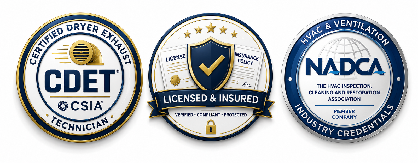CDET certified dryer exhaust technician, licensed and insured, and NADCA HVAC ventilation credentials badges