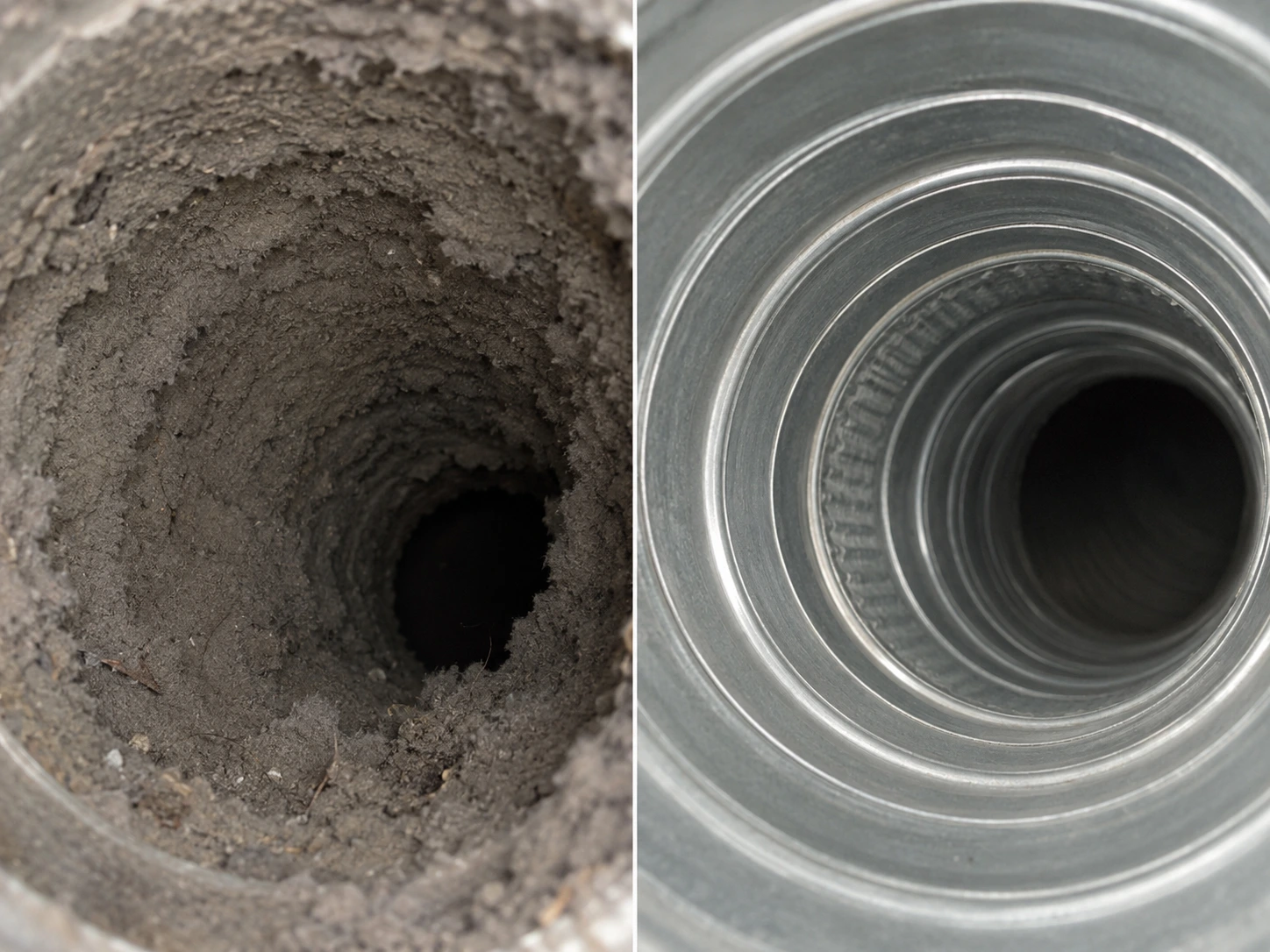 Before and after dryer vent duct cleaning showing lint buildup removed