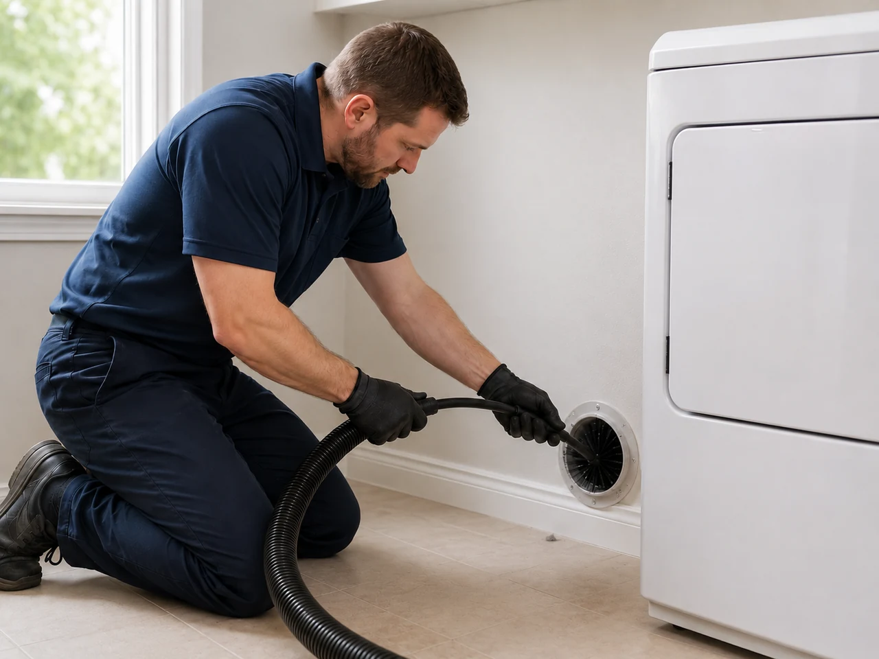 Professional performing dryer vent cleaning inside a Florida home