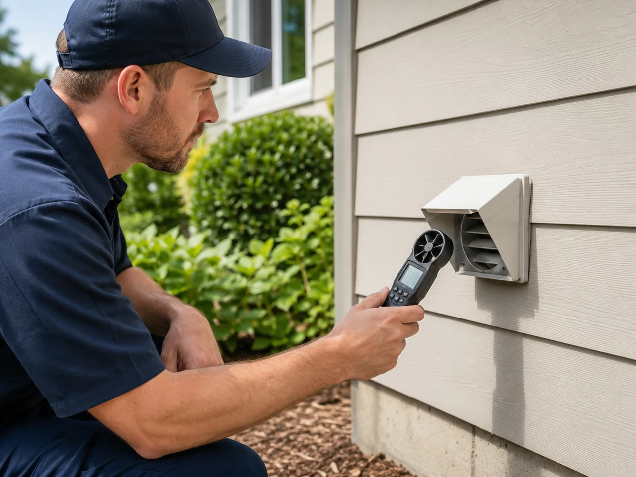 Professional checking dryer vent airflow during a service visit
