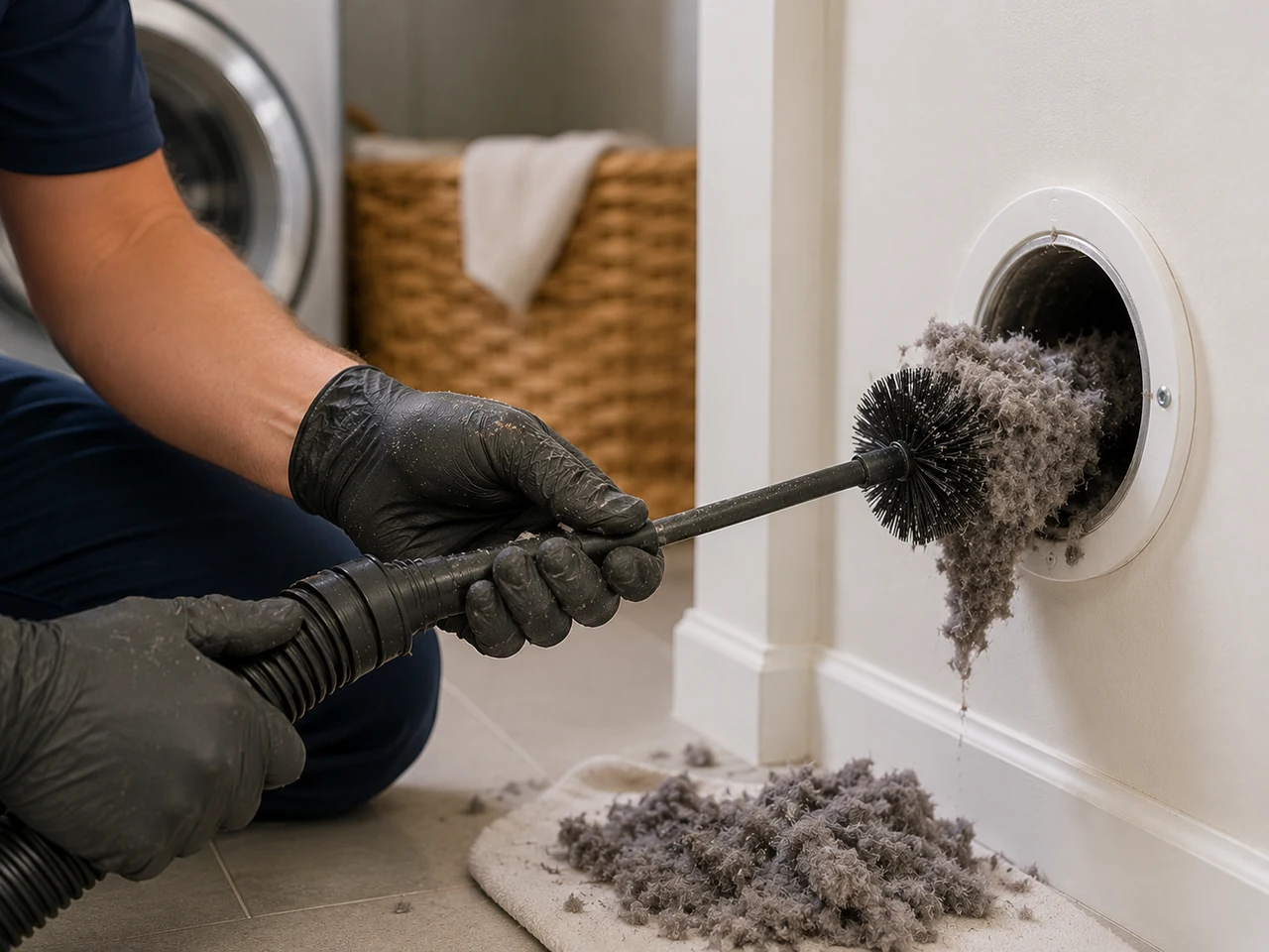 Dryer vent blockage being cleared during service