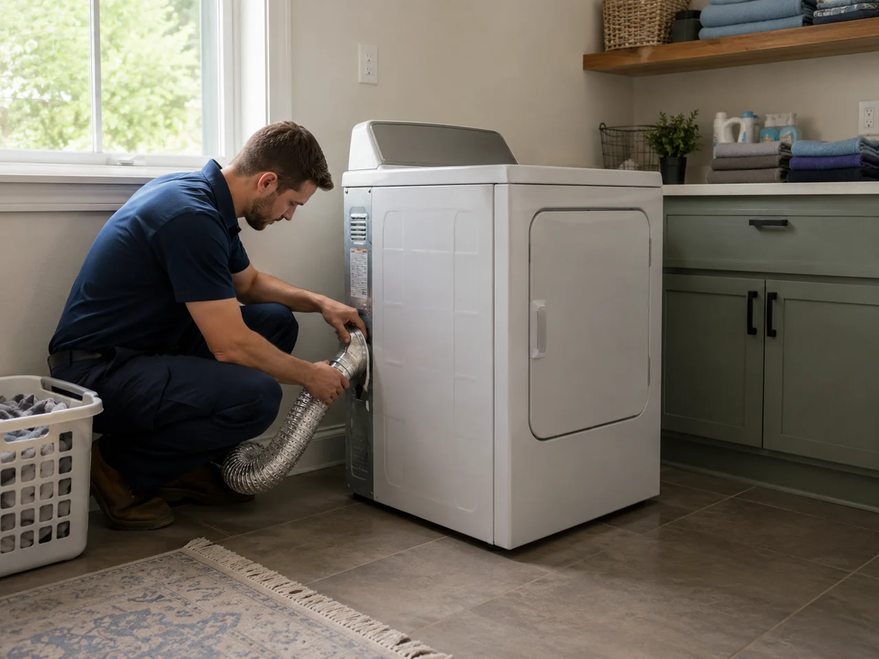 Professional completing dryer vent repair work inside a Florida home