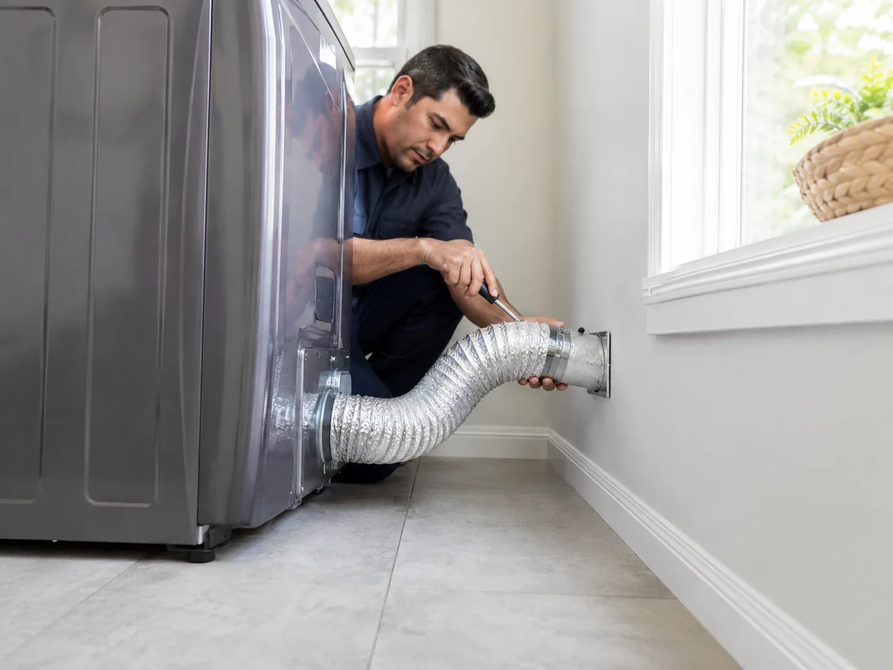 Professional replacing a dryer vent hose connection inside a Florida home