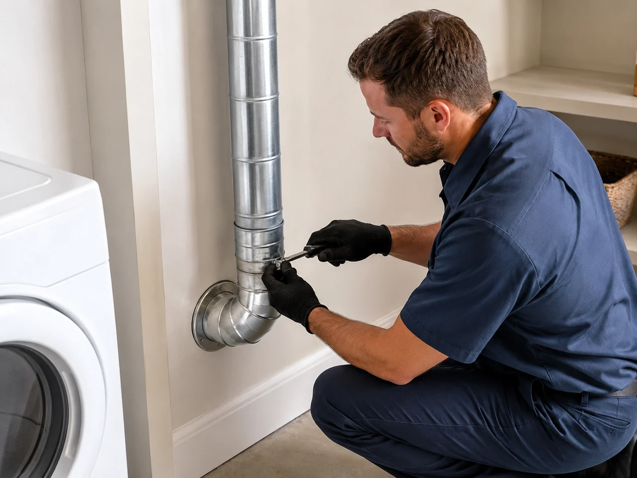 Professional reviewing a dryer duct repair situation during a service visit