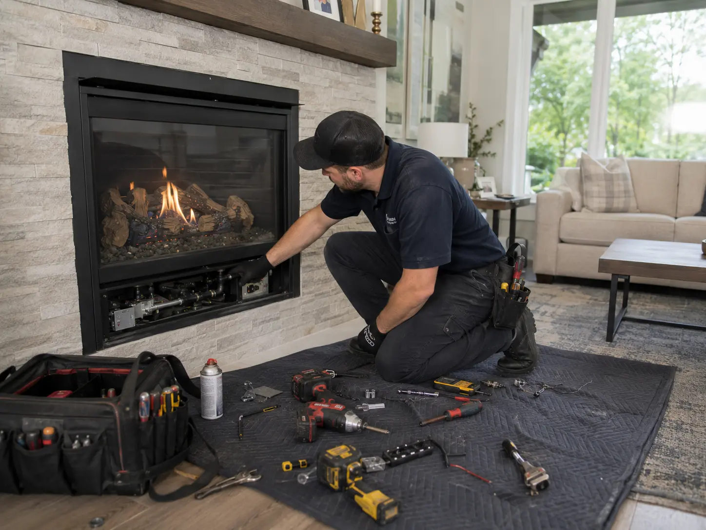Professional performing gas fireplace maintenance inside a Florida home