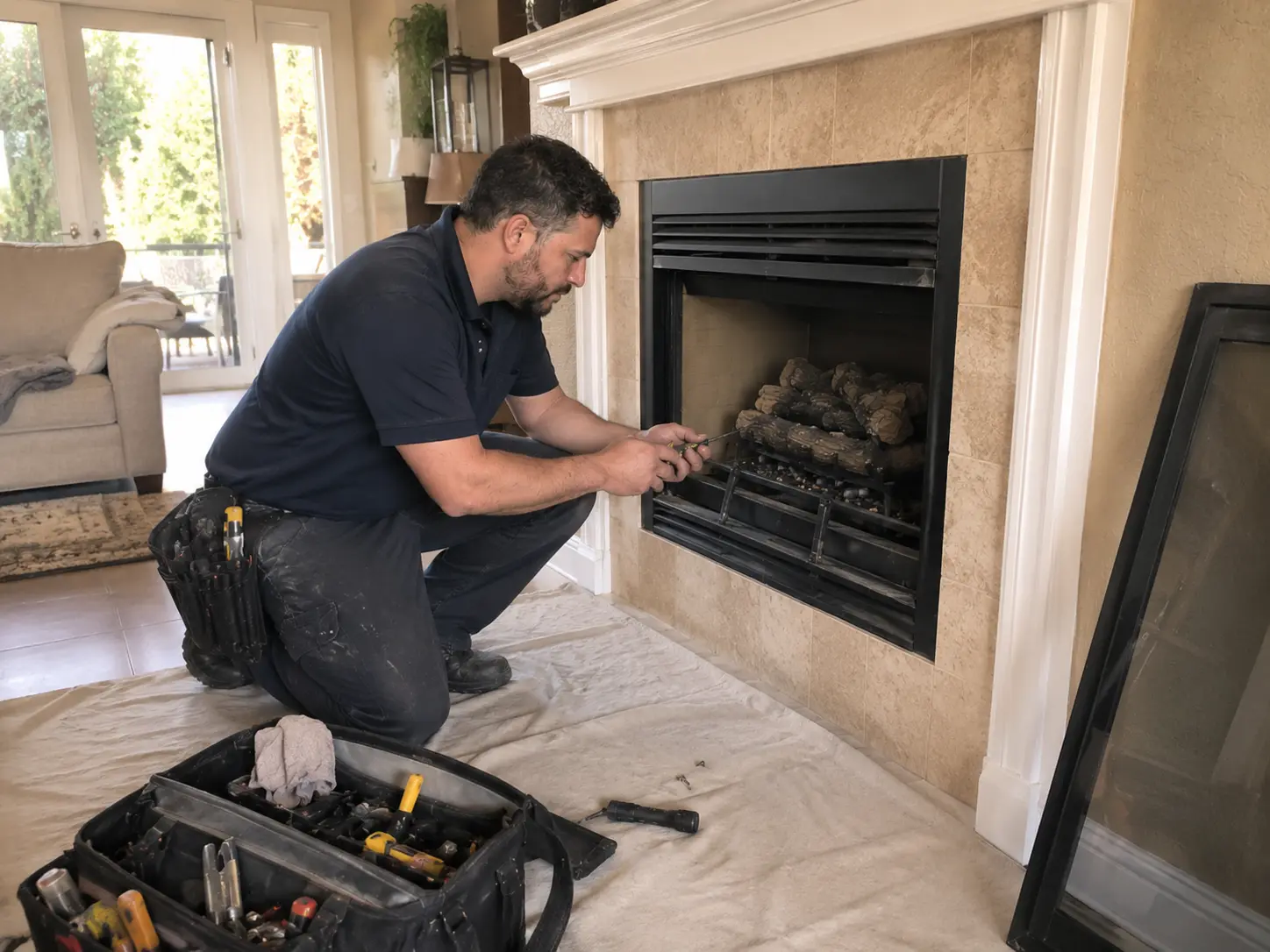 Professional protecting the floor while servicing a gas fireplace