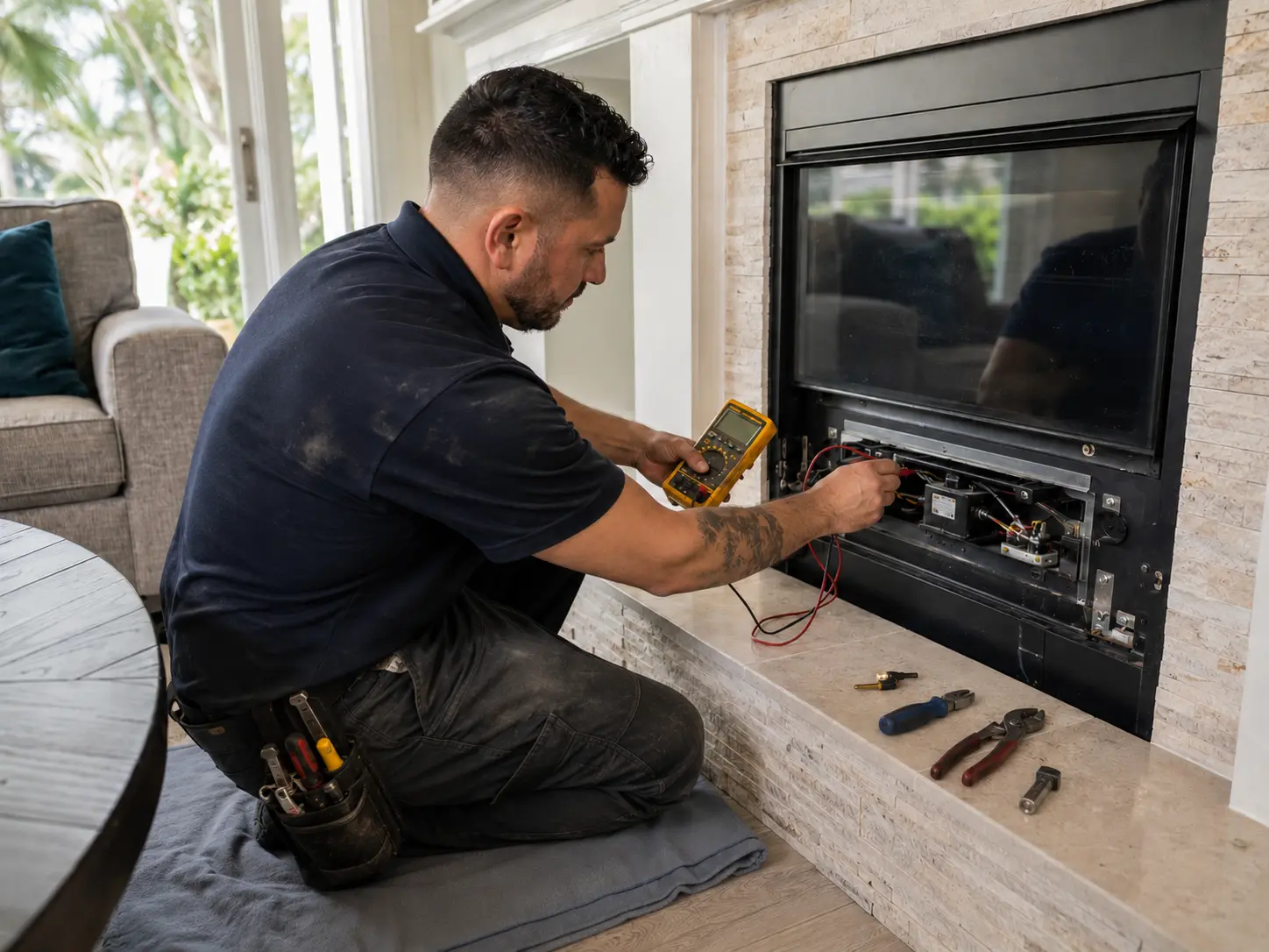 Professional checking gas fireplace startup and controls
