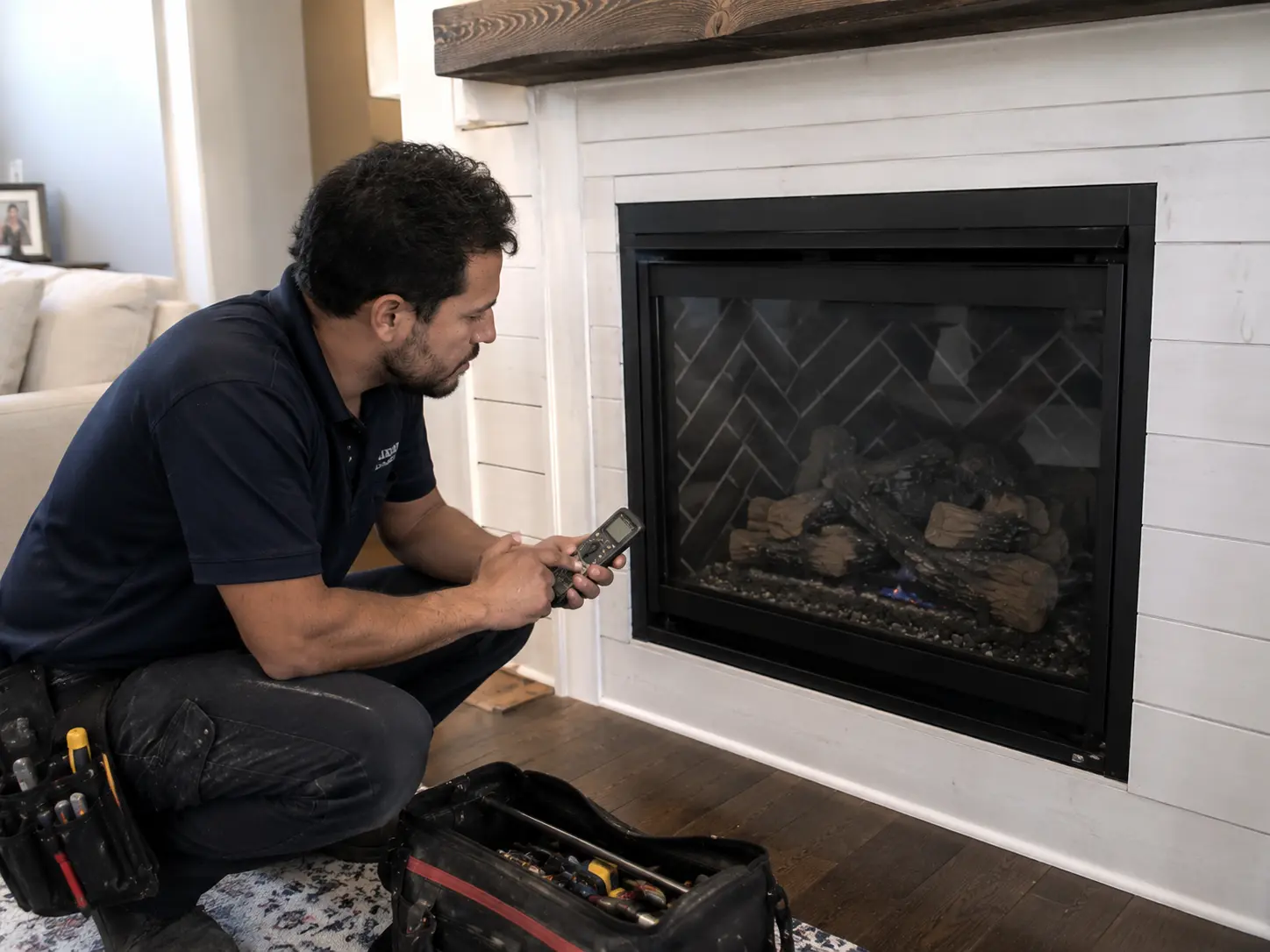 Professional reviewing gas fireplace controls during maintenance