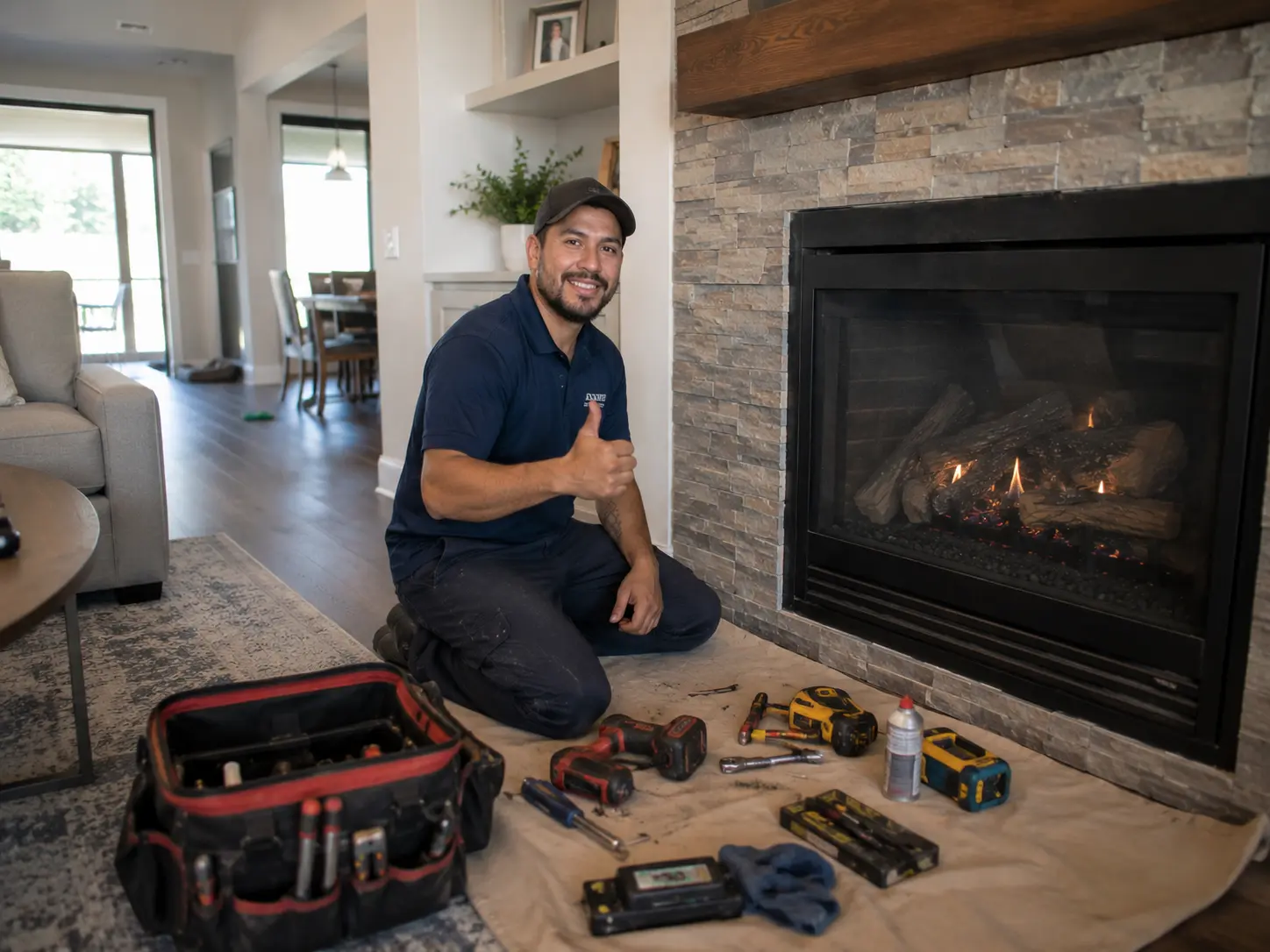 Professional completing a final operational check beside a working gas fireplace