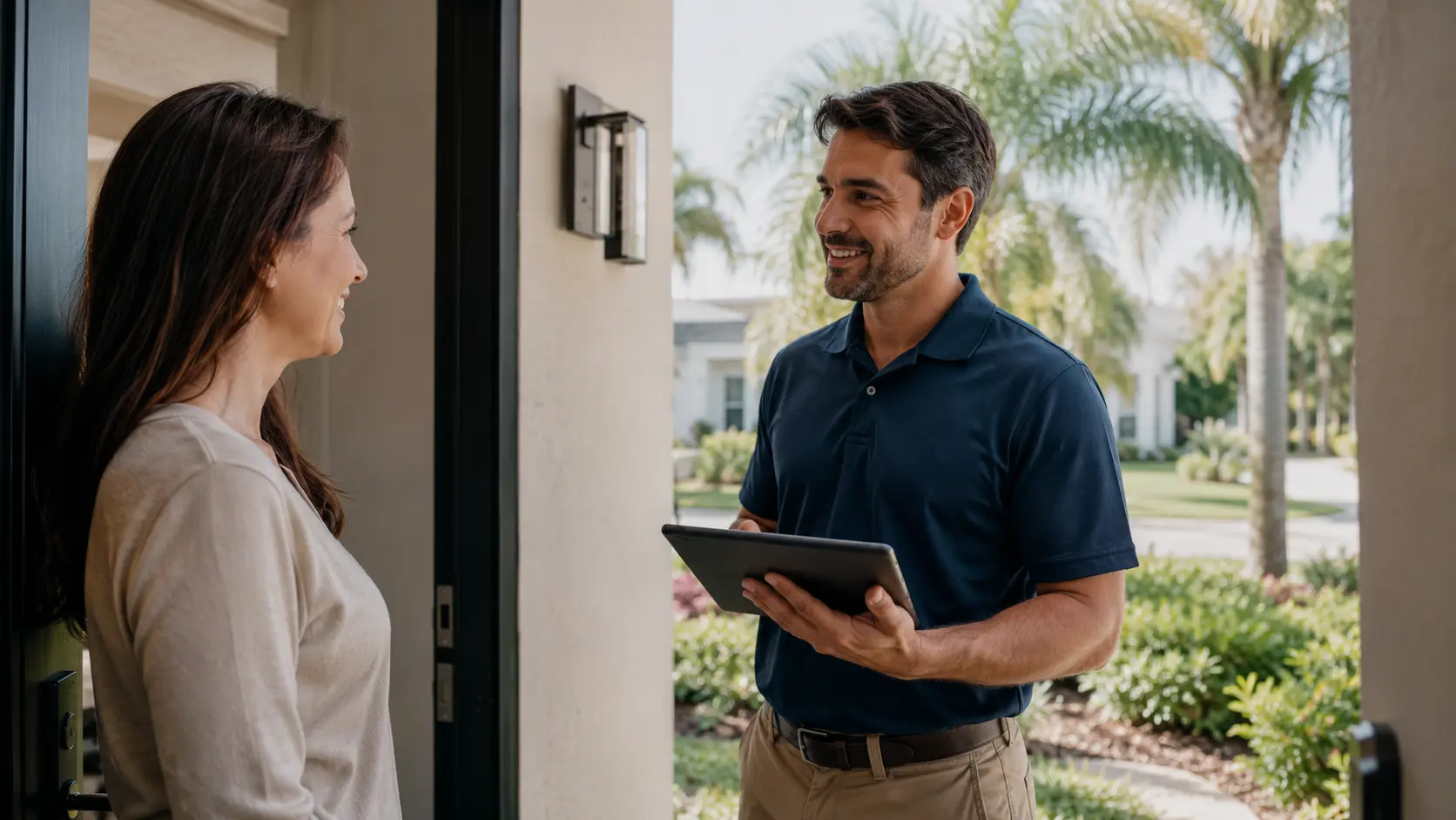 An independent local professional speaking with a homeowner at the front door.