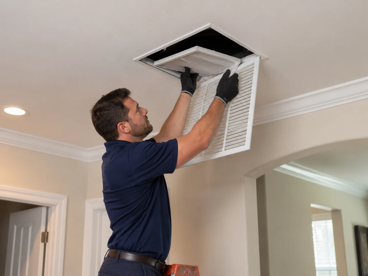 Professional performing in-home air duct service work