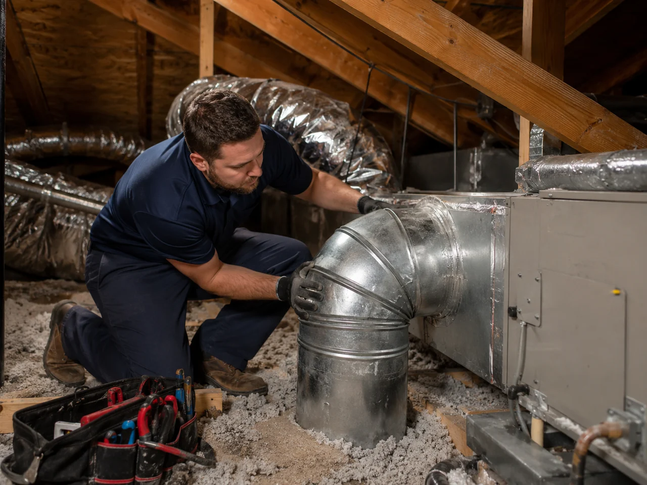 Professional reviewing attic ductwork during a home air duct service visit
