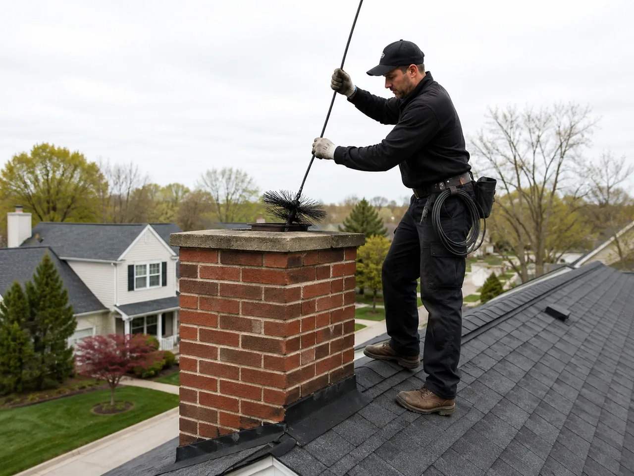 Professional performing rooftop chimney cleaning work on a residential chimney