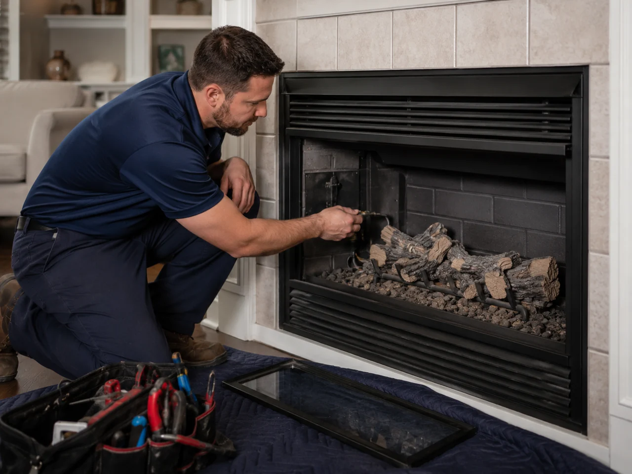 Example of gas fireplace service work performed inside a home